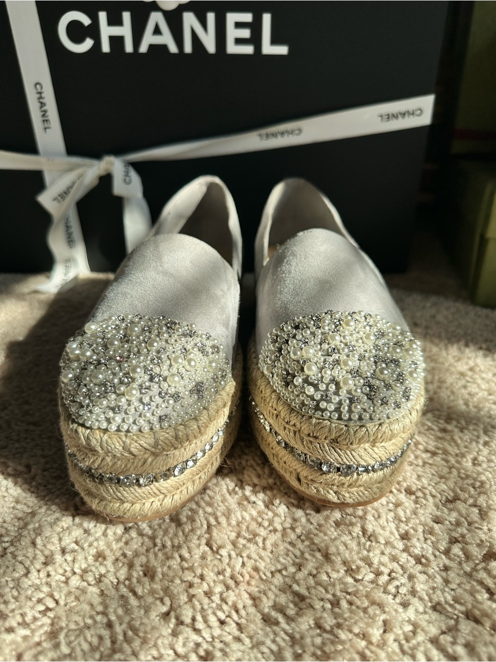 White House Black Market White Satin Pearl & Crystal Espadrille Platform Flats